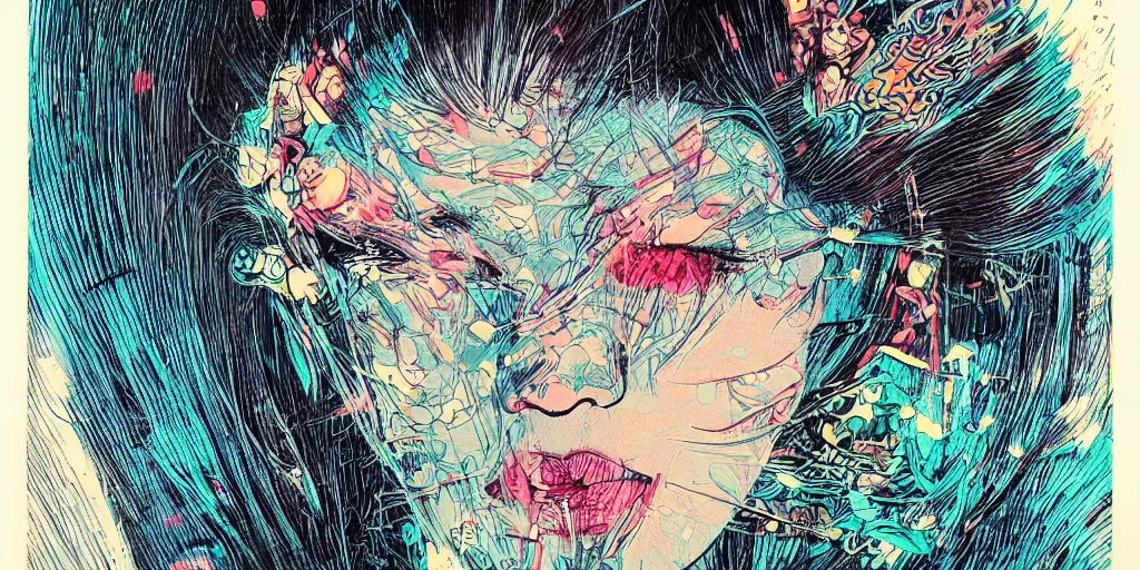 Prompt: a close - up grainy, risograph drawing, hyper light drigter, neon colors, a big porcelain glossy geisha head, with long hair, floating above the sharp peaks weapons, style by moebius and kim jung gi