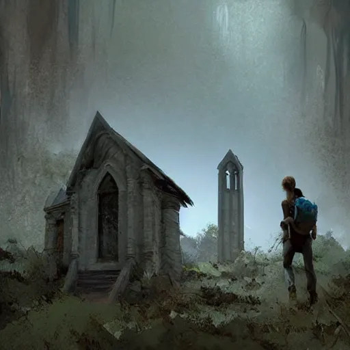 Image similar to hikers coming across a abandoned church in the style of craig mullins