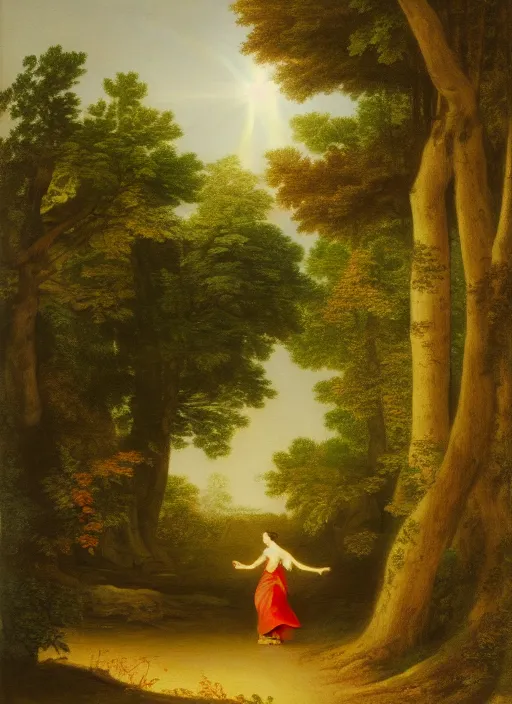 Prompt: a woman in a long dress running in forest, god light, by asher brown durand, by yoshitaka amano