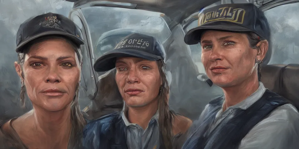 Prompt: highly detailed portrait painting of truck driver and angelina joile by eddie mendoza and tyler edlin, 8 k resolution