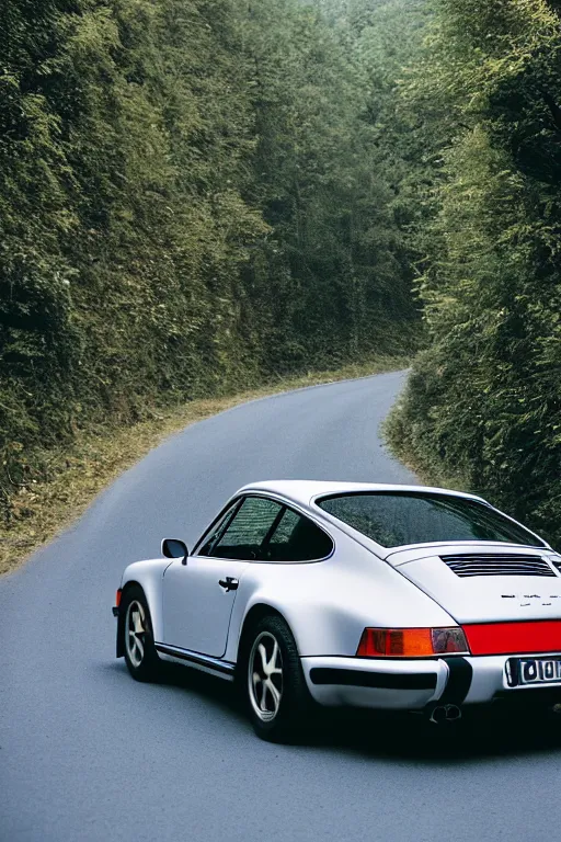 Image similar to Photo of a Porsche 911 Carrera 3.2 on a winding road through mountains and forests. Canon EOS 100, 28-80mm USM MkI, Ektachrome E100