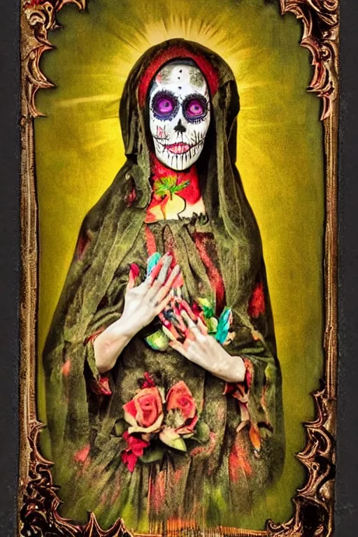Image similar to tintype virgin mary in dia de muertos dress and make up, horrific beautiful vibe, evocative, atmospheric lighting, painted, intricate, highly detailed,