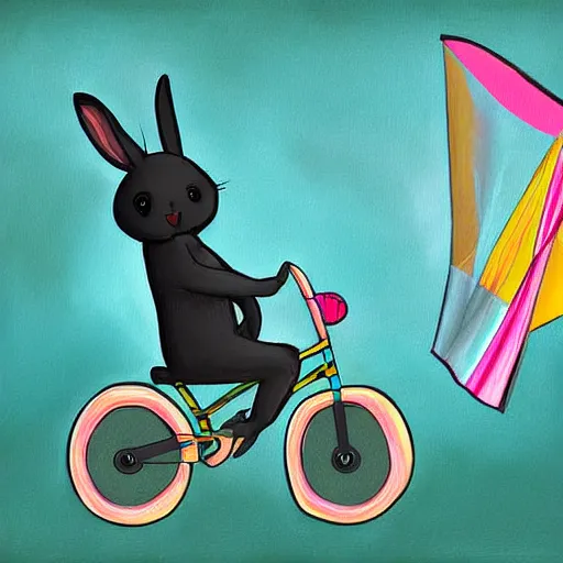 Prompt: a humanoid rabbit riding a bicycle while flying a kite, digital painting