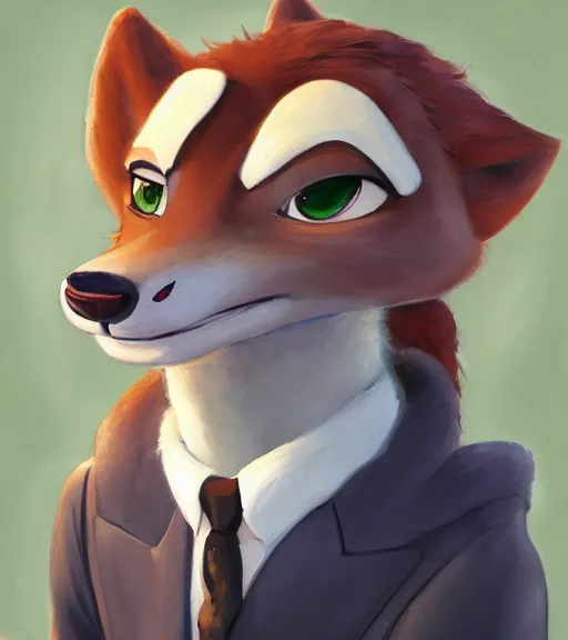 Image similar to oil painting of anthromorphic female wolf, in style of zootopia, zootopia, zootopia, fursona, furry, furaffinity, 4 k, deviantart, furry art, fursona art, wearing black business suit, business suit, in style of zootopia, wolf fursona, cyberpunk, female, expressive detailed feminine face,