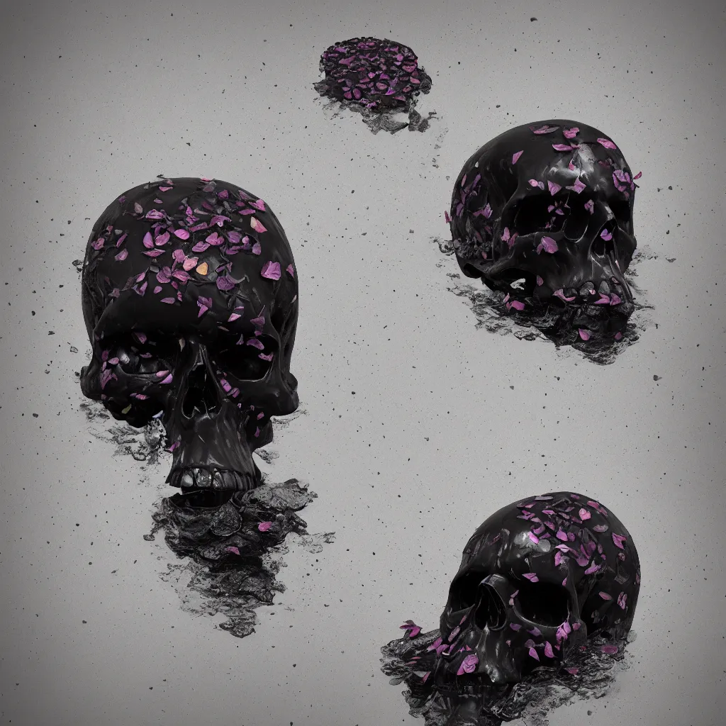 Prompt: obsidian skull surrounded by dark water with floating flower petals, octane render, trending on artstation