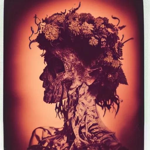 Image similar to a beautiful detailed front view portrait of a rotten woman corpse with fractal plants and fractal flowers growing around, volumetric light, beautiful lit, polaroid photography