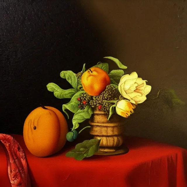 Prompt: a still life, extraordinarily badly painted