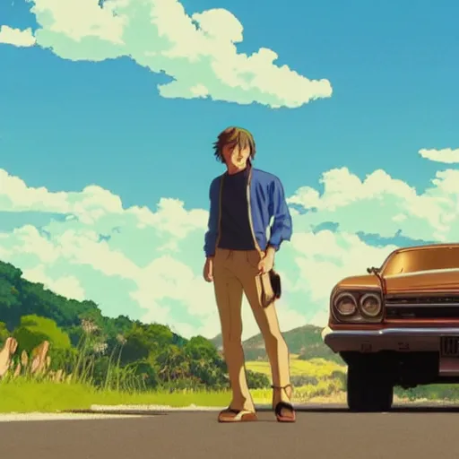 Image similar to anime still of once upon a time in hollywood art by Dice Tsutsumi, Makoto Shinkai, Studio Ghibli!!!!, Studio ghibli art style, art by Dice Tsutsumi, Makoto Shinkai, Studio Ghibli!!!!