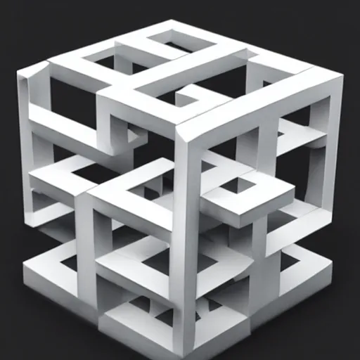 Image similar to 3D render of a 3-dimensional cubic maze made out of metal, white background,