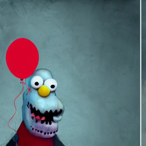 Prompt: grunge painting of elmo with a wide smile and a red balloon screenshot from rick and morty, creepy lighting, horror theme, detailed, elegant, intricate, conceptual