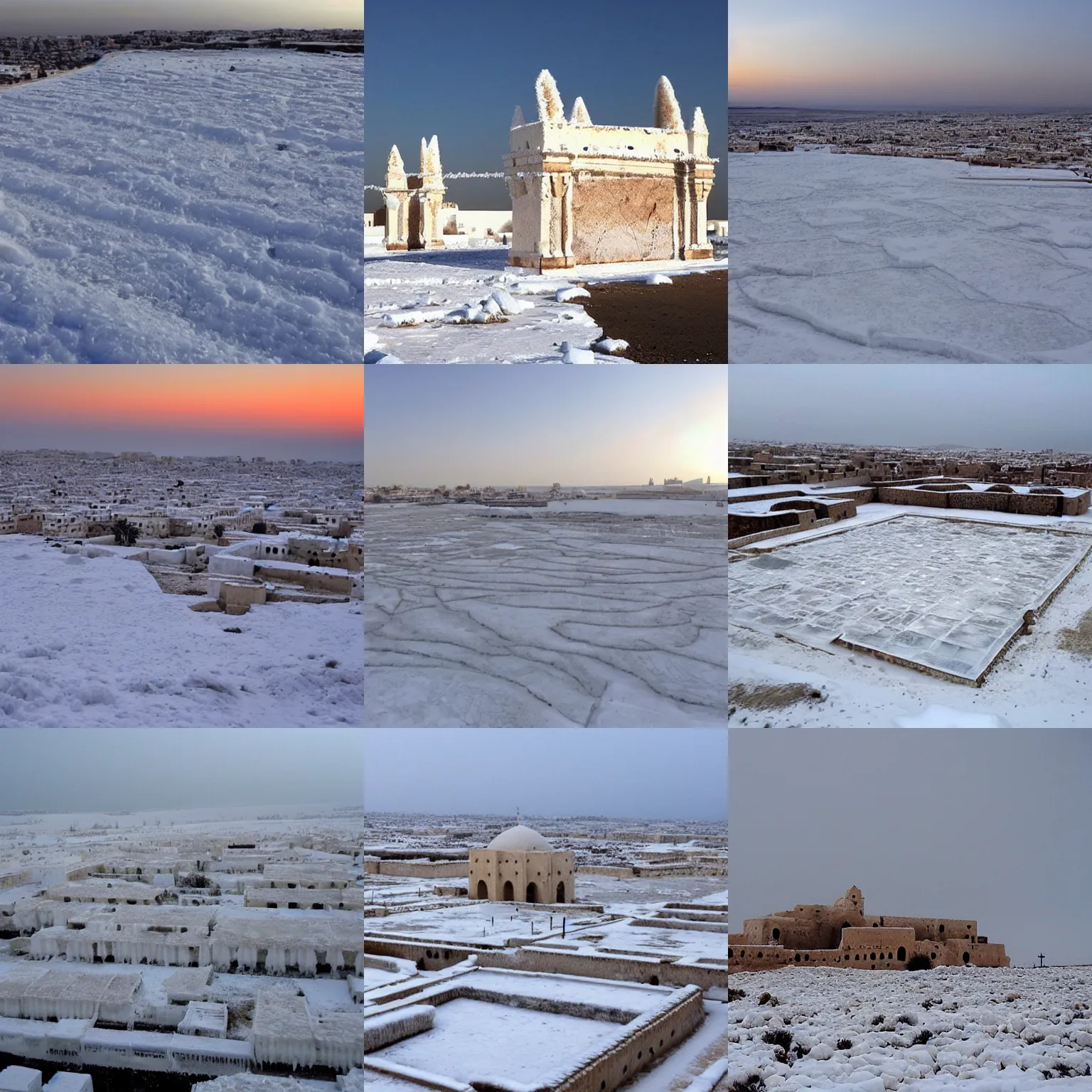 Prompt: ksar haddada in tunisia frozen covered in ice and snow