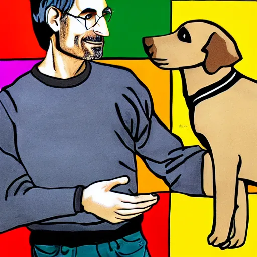 Image similar to Steve Jobs playing with a light brown puppy, pop art, highly detailed