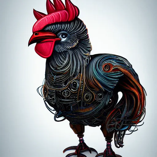 Prompt: a portrait of a robotic rooster wearing a hoodie, surreal, face, detailed, intricate, elegant, lithe, highly detailed, digital painting, artstation, concept art, smooth, sharp focus, illustration