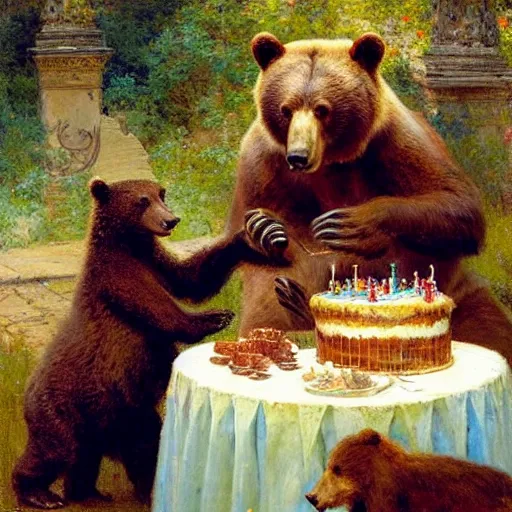 Image similar to a bear eating cake at his 7 0's birthday at a zoo, highly detailed painting by gaston bussiere, craig mullins, j. c. leyendecker