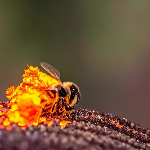 Prompt: a bee trying to reach a flower in a forest on fire, there is fire everywhere, macro photography, ambient light