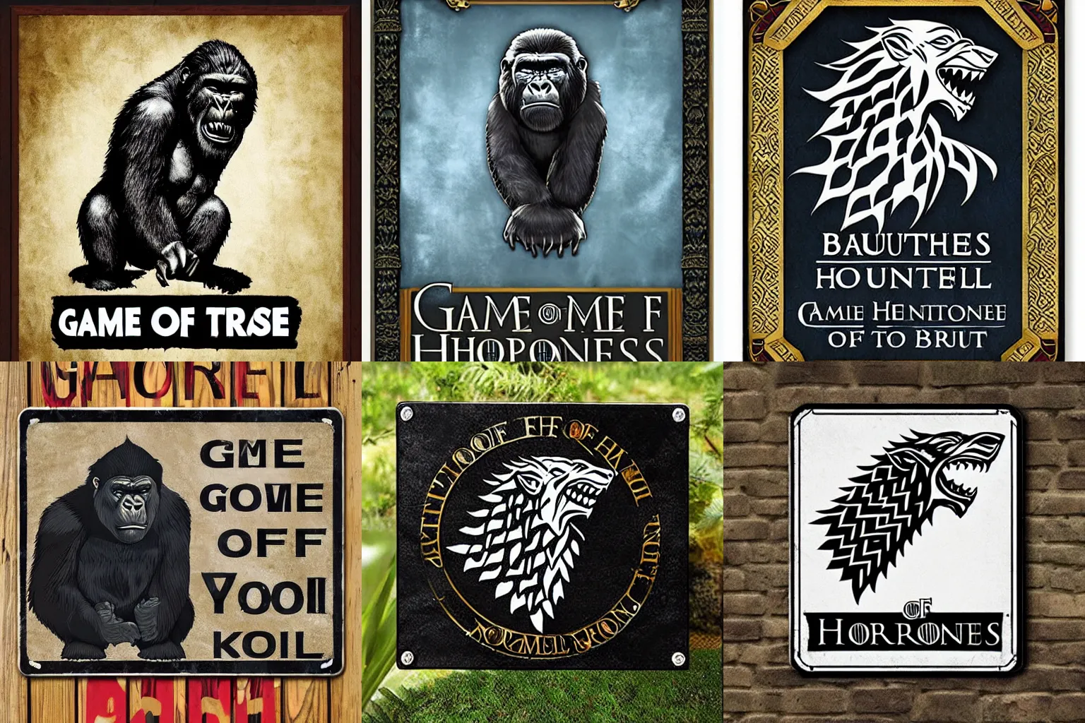 Prompt: game of thrones house of gorilla beautiful metal sign