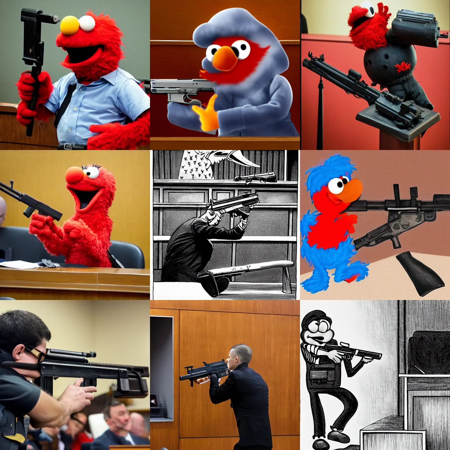 Prompt: Elmo firing a AK-47 in a courtroom