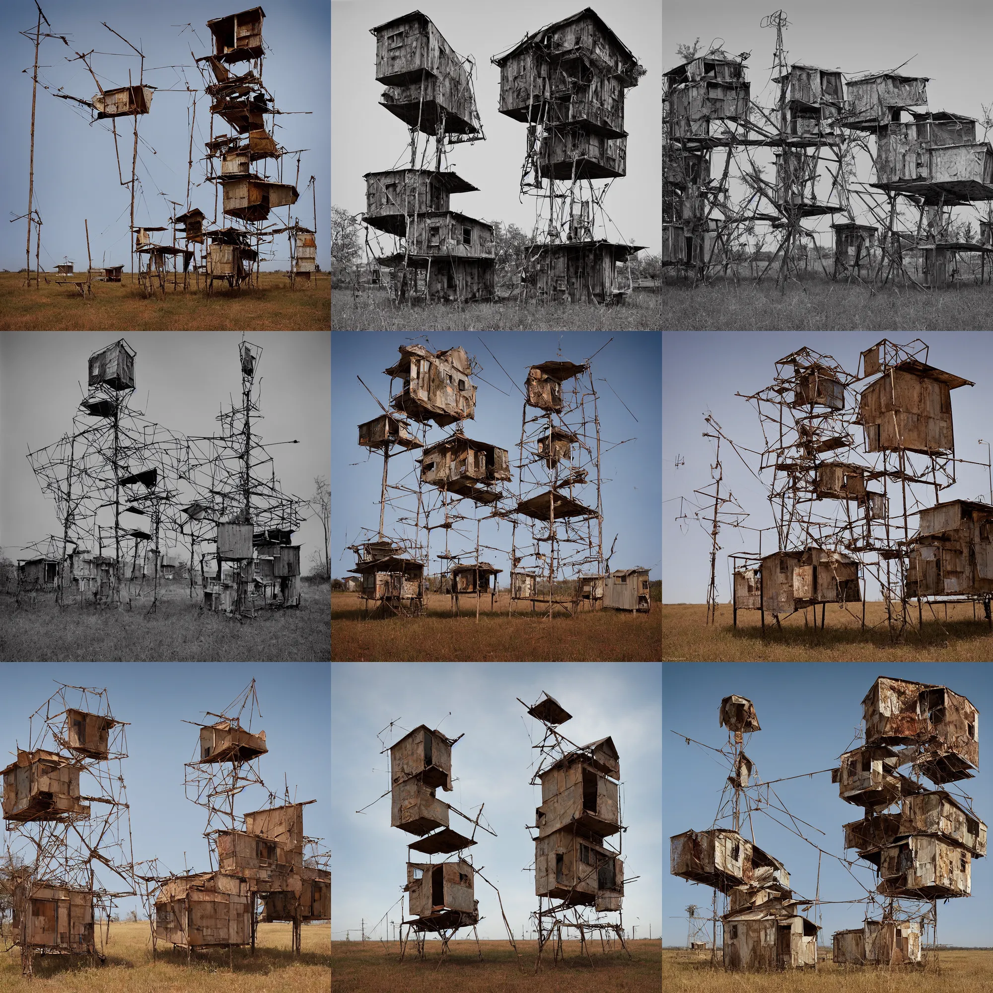 Prompt: a suspended tower made up of makeshift squatter shacks with rusted metal facades, covered by antennas, mamiya, f 1 1, fully frontal view, uniform plain sky, photographed by julie blackmon