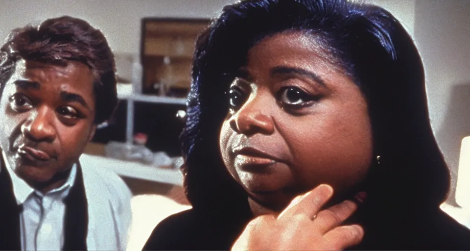 Prompt: cinematic shot from a 1 9 8 5 thriller, a octavia spencer implants device in joe manchin's ear, in the near future, film directed by stanley kubrick, color theory, apartment design, leading lines, photorealistic, volumetric lighting