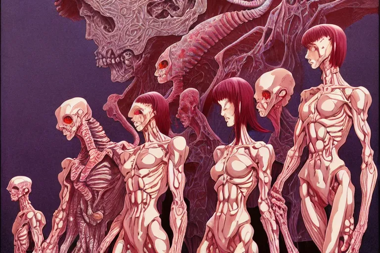 Image similar to cel shaded study of a group of flesh golems, key visual with intricate linework, in the stlye of moebius, ayami kojima, 90's anime, retro fantasy