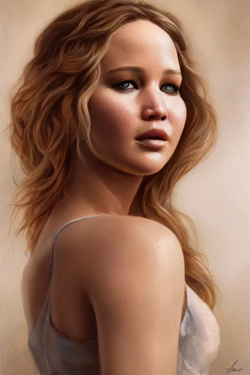 Image similar to painting of jennifer lawrence,, ultra realistic, sharp details, subsurface scattering, intricate details, warm lighting, beautiful features, highly detailed, photorealistic, octane render, 8 k, unreal engine, art by artgerm and greg rutkowski and alphonse mucha