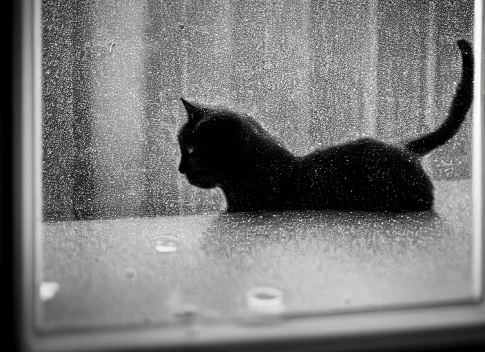 Image similar to photography of a Cat . watching outside the window while it rains. on a bed. in a room full of vinyls and posters, photorealistic, raining award winning photo, 100mm, sharp, high res