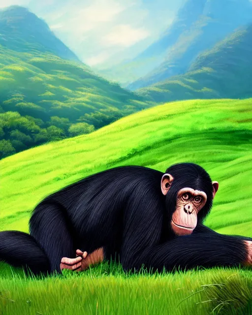 Image similar to very detailed high resolution illustration of a chimpanzee, rolling green hills, 3 d, 8 k, extremely detailed, artstation