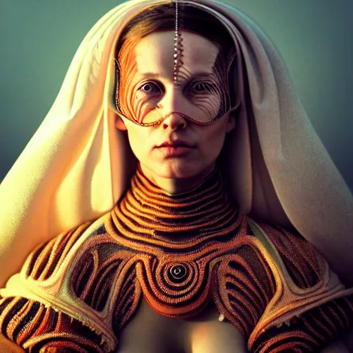 Image similar to Colour Caravaggio and Dune by denis villeneuve style full body Photography of Highly detailed beautiful Woman with 1000 years detailed face and wearing detailed Ukrainian folk costume designed by Taras Shevchenko also wearing highly detailed retrofuturistic sci-fi Neural interface designed by Josan Gonzalez. Many details In style of Josan Gonzalez and Mike Winkelmann and andgreg rutkowski and alphonse muchaand and Caspar David Friedrich and Stephen Hickman and James Gurney and Hiromasa Ogura. Rendered in Blender and Octane Render volumetric natural light