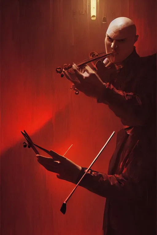 Prompt: an expressive portrait of agent 4 7 playing the violin in a monastery, dark background, red rim light, digital art, artstation, concept art by giger stalenhag