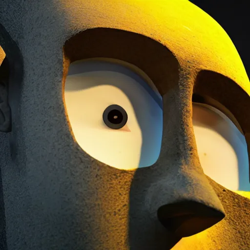 Image similar to worlds worst easter island statue with the face of Gru, nose of Gru, Gru of despicable me, soft lighting, crepuscular rays, realistic octane render, 8k, ultra detailed, concept art