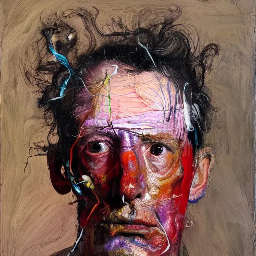 Image similar to high quality high detail painting of a depressed man by lucian freud and jenny saville and francis bacon and nicola samori, hd, anxiety, turquoise and orange and purple and pink and red