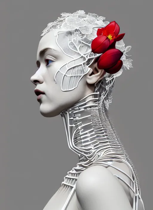 Image similar to complex 3d render ultra detailed of a beautiful porcelain profile young woman face, biomechanical cyborg, 200 mm lens, beautiful studio soft light, rim light, silver white gold red details, magnolia big leaves achromatic and stems, roots, fine foliage lace, mesh wire, Alexander Mcqueen high fashion haute couture, art nouveau fashion embroidered, intricate details, hyper realistic, ultra detailed, mandelbrot fractal, anatomical, facial muscles, cable wires, microchip, elegant, octane render, H.R. Giger style, volumetric lighting, 8k post-production, trending on Artstation