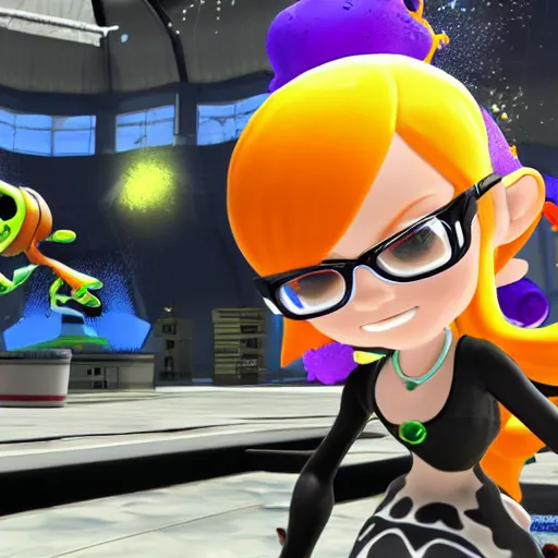 Image similar to 3 d game screenshot of splatoon inkling in bayonetta, high detail, high resolution