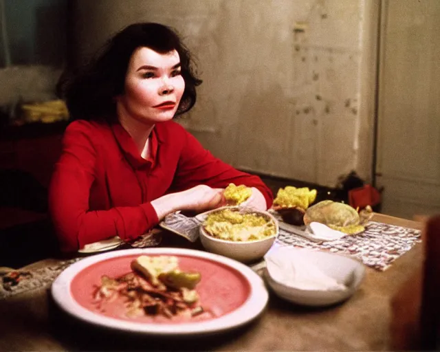 Image similar to 1 9 7 9 a soviet movie still a bjork sitting at a table with a plate of food in dark warm light, a character portrait by nadya rusheva, perfect symmetric coherent face, featured on cg society, neo - fauvism, movie still, 8 k, fauvism, cinestill, bokeh, gelios lens