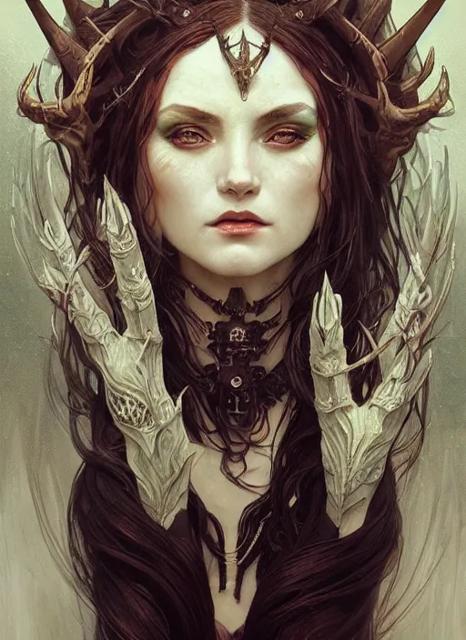 Image similar to a beautiful illustration of a satanic witch with horns in head, intricate, sharp focus, illustration, highly detailed, digital painting, concept art, matte, art by wlop and artgerm and greg rutkowski and alphonse mucha, masterpiece