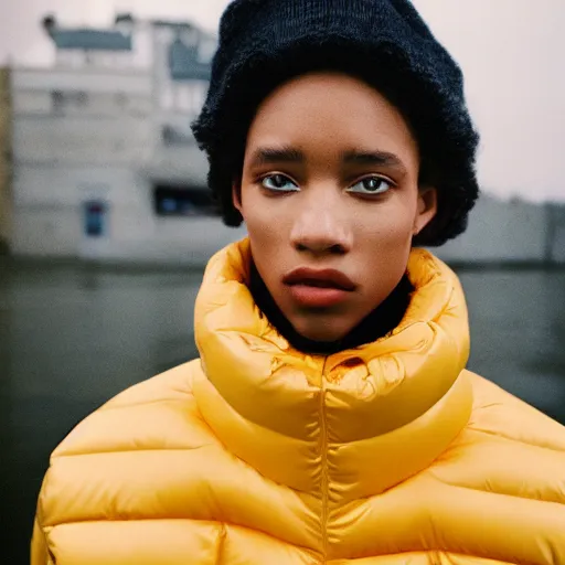 Image similar to realistic! photoshoot for a new balenciaga lookbook, color film photography, portrait of a beautiful woman wearing a puffer jacket, photo in style of tyler mitchell, 35mm