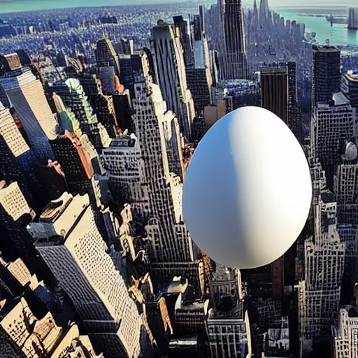 Image similar to photo of giant egg floating over New York City, aerial view