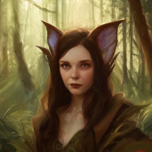 Image similar to closeup portrait of a young vivian leigh with elf ears, forest background, megacity, high fantasy, dramatic light, gorgeous view, depth, high detail, digital art, painted by greg rutkowski, trending on artstation