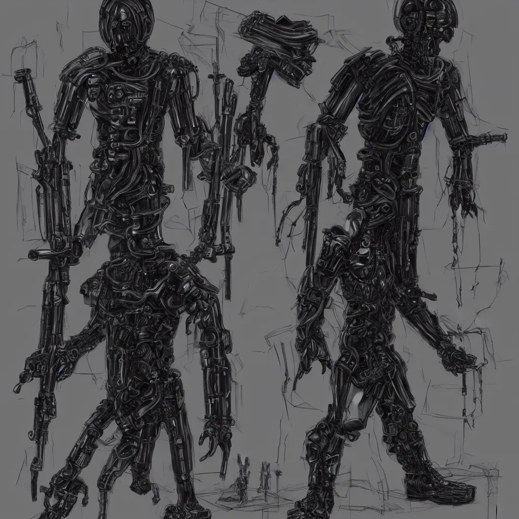 Image similar to full-body dark creepy cybergoth realistic diagram drawing central composition a decapitated soldier with futuristic elements. he welcomes you with no head, dark dimension, empty helmet inside is occult mystical symbolism headless full-length view. standing on ancient altar eldritch energies disturbing frightening terrifying darkness, hyper realism, 8k, sharpened depth of field, 3D