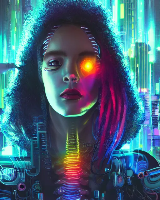 Image similar to a cyberpunk close up portrait of cyborg medusa, electricity, rainbow, snakes in hair, sparks, bokeh, soft focus, skin tones, warm, daylight, geometric, by unreal engine, paul lehr, jesper ejsing