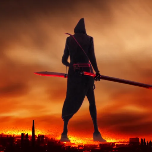 Image similar to Red grim reaper watching over a city in flames, yellow sky, 8k resolution