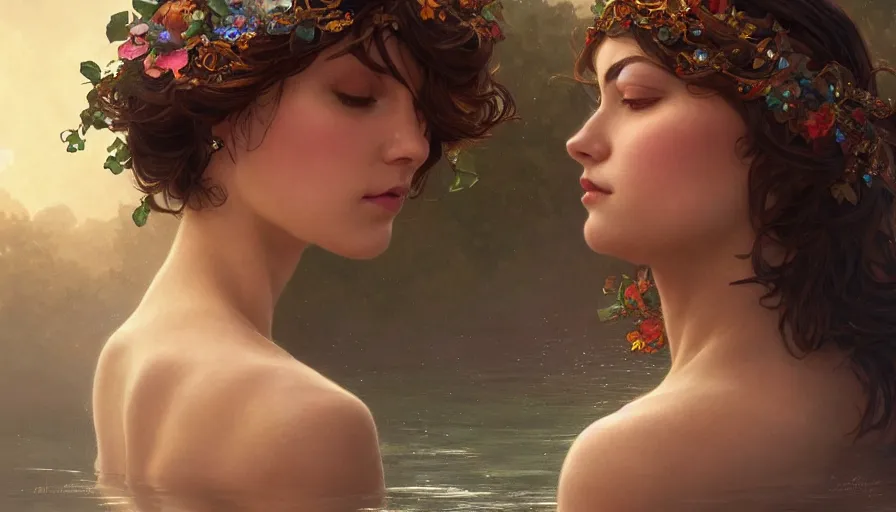 Image similar to jealousy, perfectly-centered-Portrait of the most beautiful woman on the planet floating in the river, intricate, highly detailed, digital painting, artstation, concept art, smooth, sharp focus, illustration, Unreal Engine 5, 8K, art by artgerm and greg rutkowski and alphonse mucha