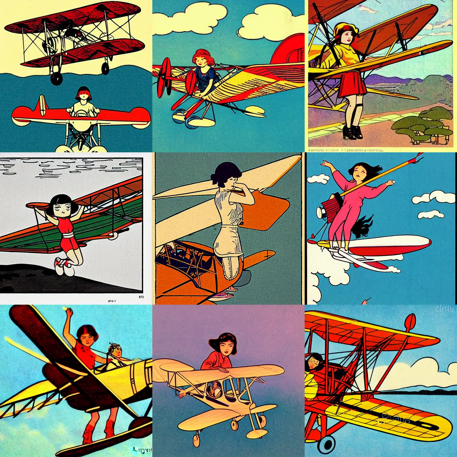 Prompt: adventurous girl in a biplane in 1 9 2 0 by audrey kawasaki vintage comic book