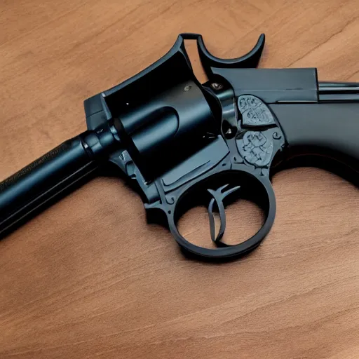 Image similar to a model 4 6 0 xvr revolver, fully 3 d printed in black filament, with some visible flaws and layer lines. 5 0 mm lens, f 1. 8.