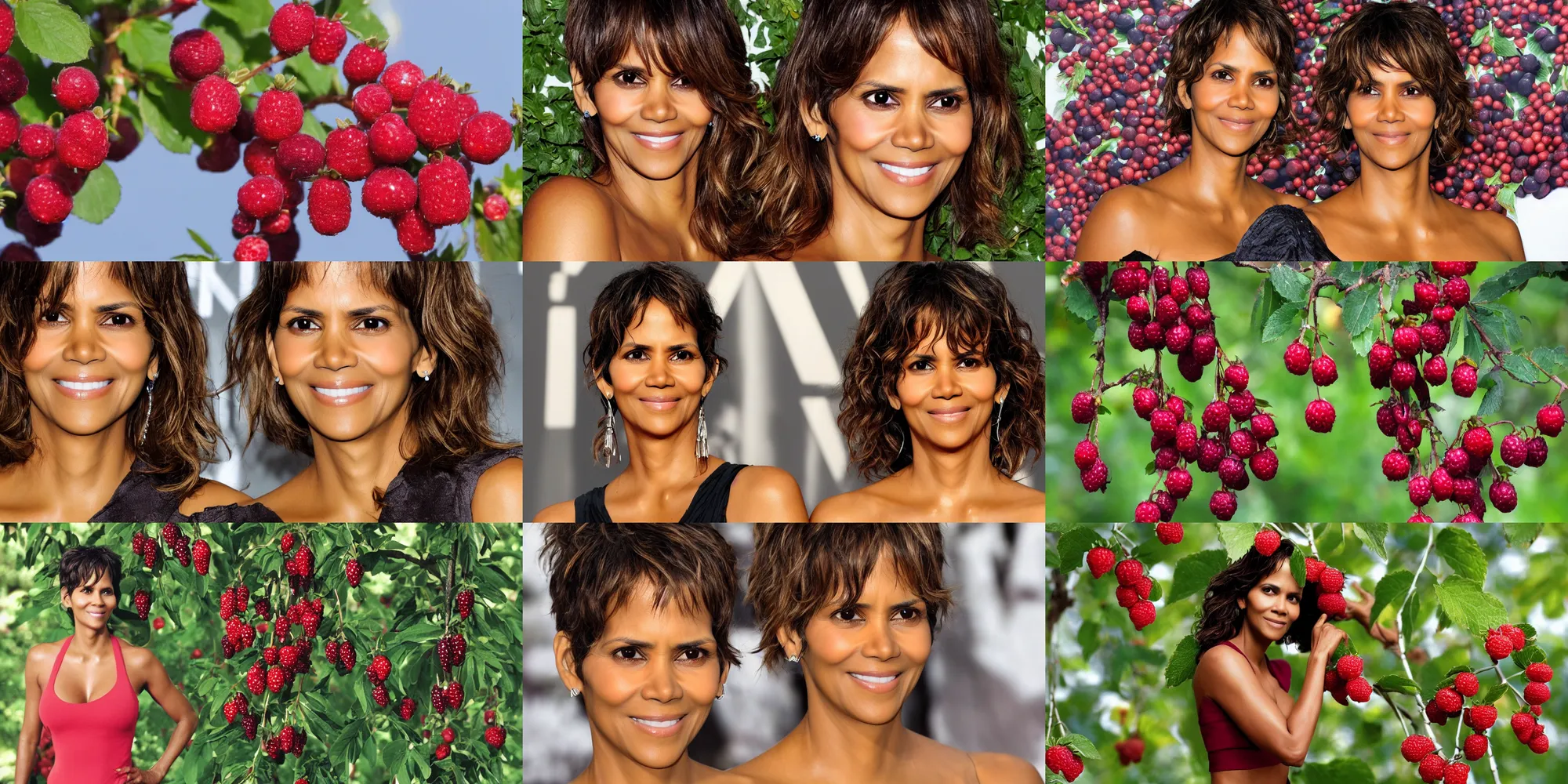 Prompt: ultra detailed photo two halle berry shaped exactly like berries on a tree duplicate