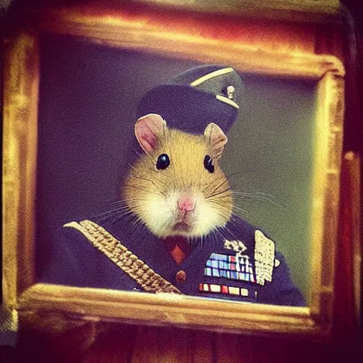 Prompt: “ a portrait of a hamster in military uniform, vietnam war theme ”