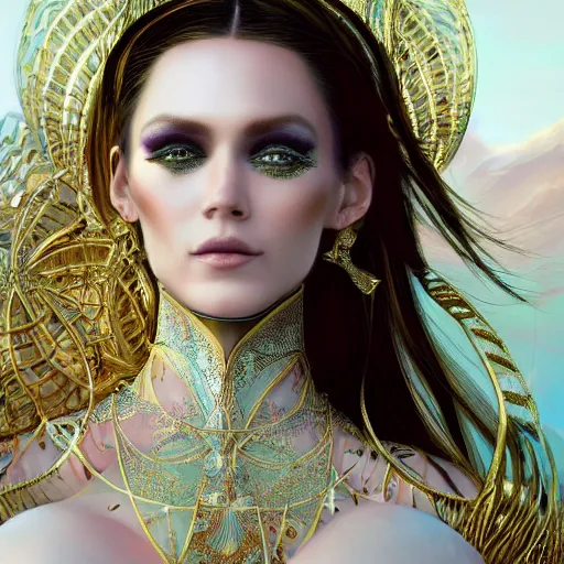 Image similar to a beautiful woman wearing white kaftan with golden ornaments by alex gray and android jones , Karol Bak, Ayami Kojima, Amano , concept art, character design, fantasy,3D, 8k resolution