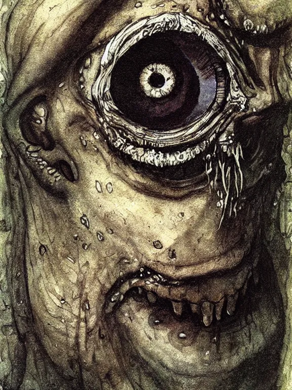 Prompt: one-eyed single-eyed 1-eyed fantasy Polyphemus concept art with one huge eye. Extremely high detail, details, realistic, fantasy art, solo, masterpiece, portrait painting, saturated colors, art by Arthur Rackham, Muzinabu, Johann Tischbein