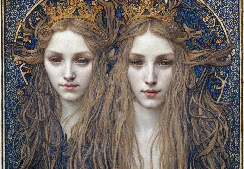 Image similar to detailed realistic beautiful young medieval queen face portrait by jean delville, alphonse mucha, vincent van gogh, and marco mazzoni, art nouveau, symbolist, visionary, gothic, pre - raphaelite