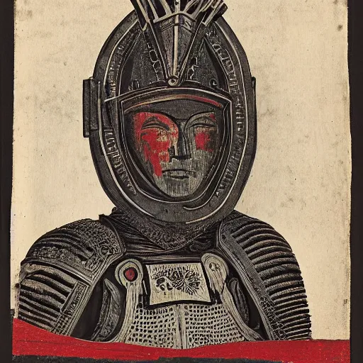 Prompt: head and shoulders portrait of a female knight, quechua, cuirass, lorica segmentata, raven, tonalist, woodcut, ambrotype, indigo and red iron oxide, angular